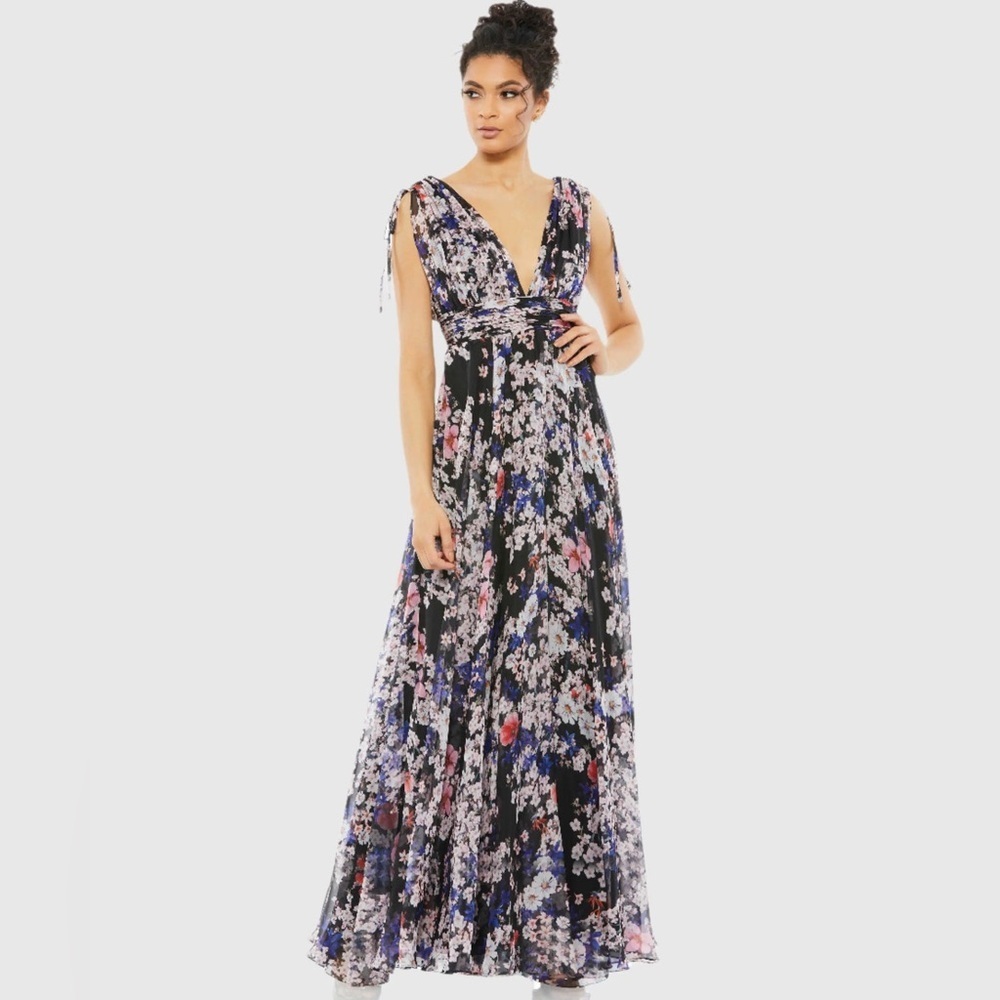 NWT Mac Duggal Size 4 Black Floral Tie Shoulder Chiffon V-Neck Maxi Dress Gown